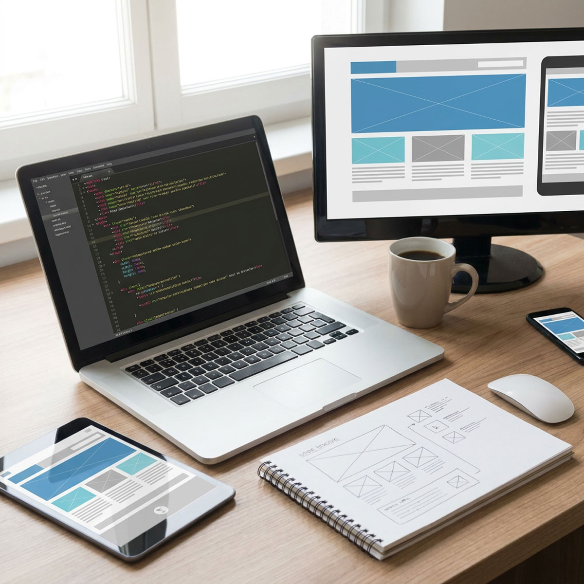 Laptop and monitor showing code and wireframes of a web application