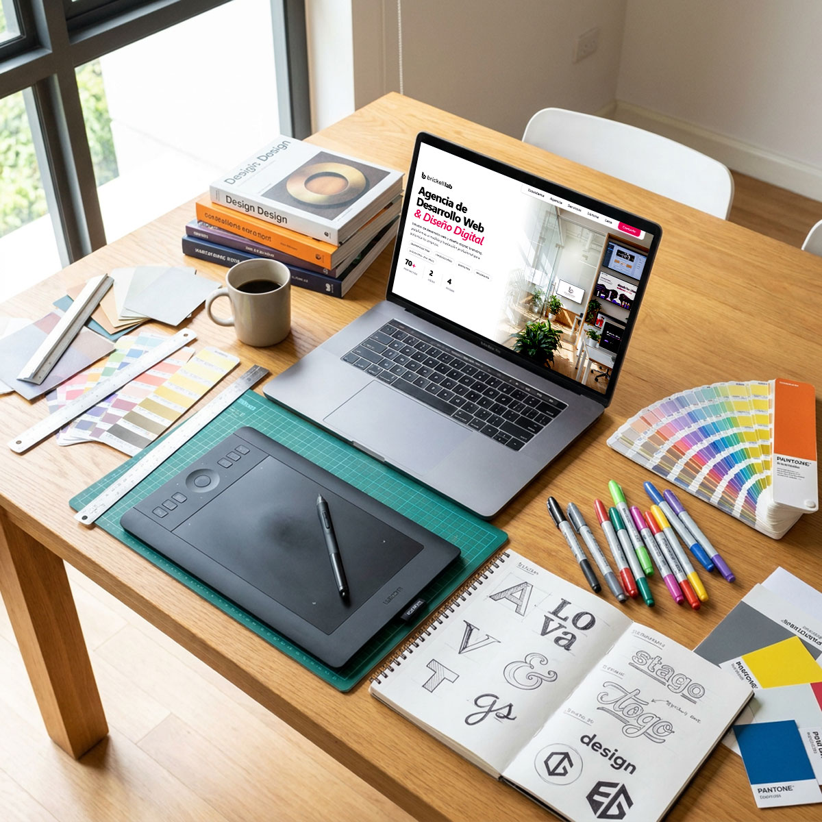 Design desk with a laptop and a graphics tablet, markers and sketches