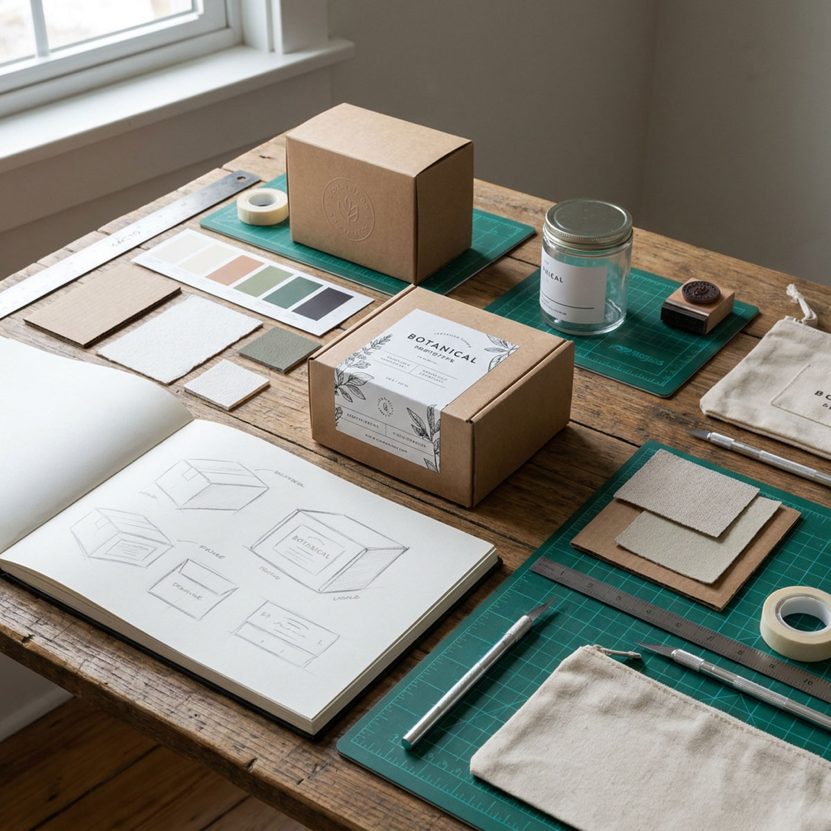 Table covered with packaging designs and illustration sketches