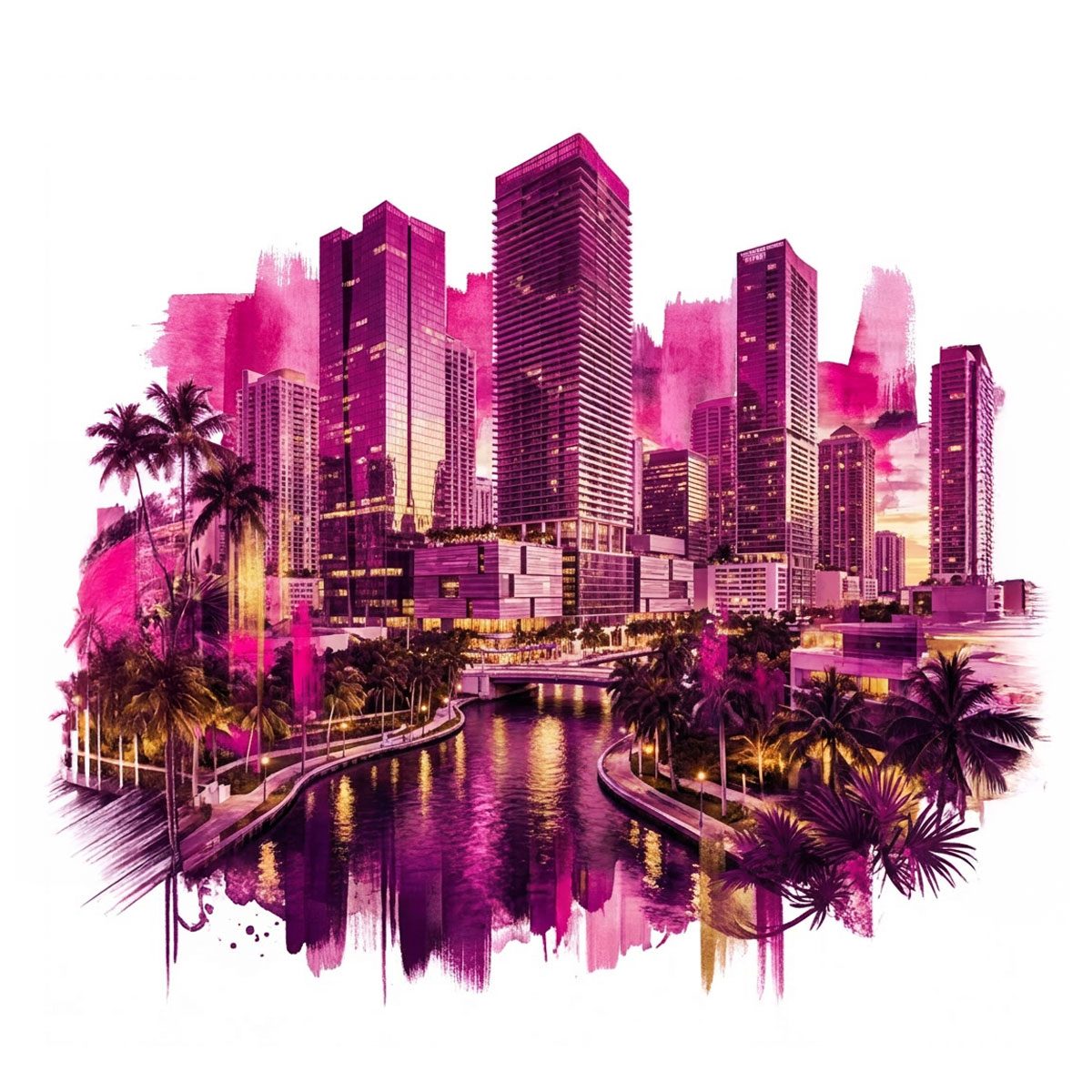 Illustration of Brickell, Miami in magenta tones: skyline of skyscrapers and palm trees reflected in the water