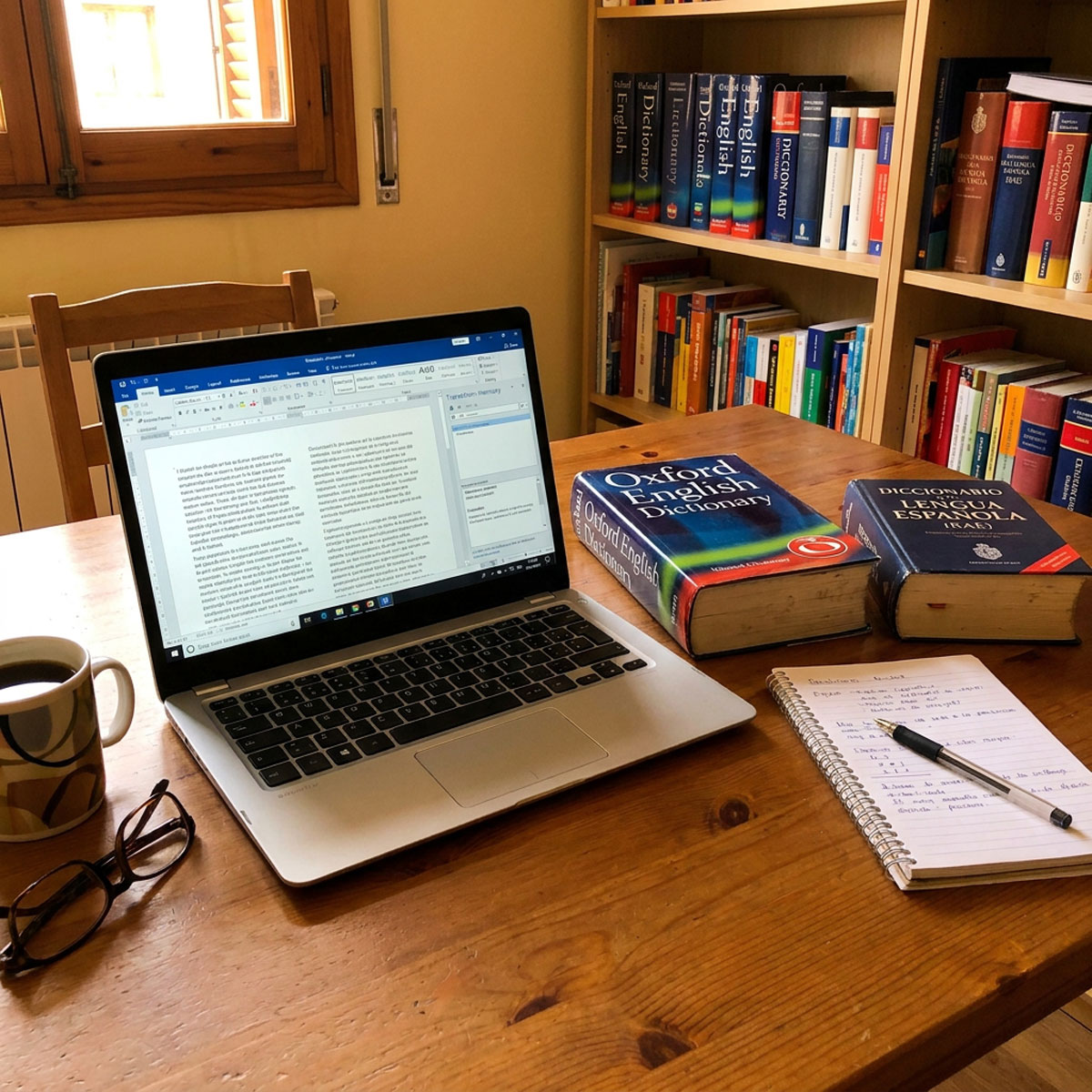 Laptop with a text document, a notepad beside it and English dictionaries